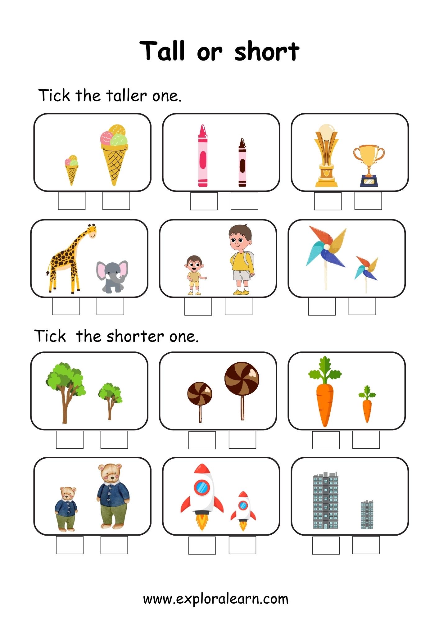 Tall and Short Comparison Worksheets for Preschool and Kindergarten 2 to 6  years Kids