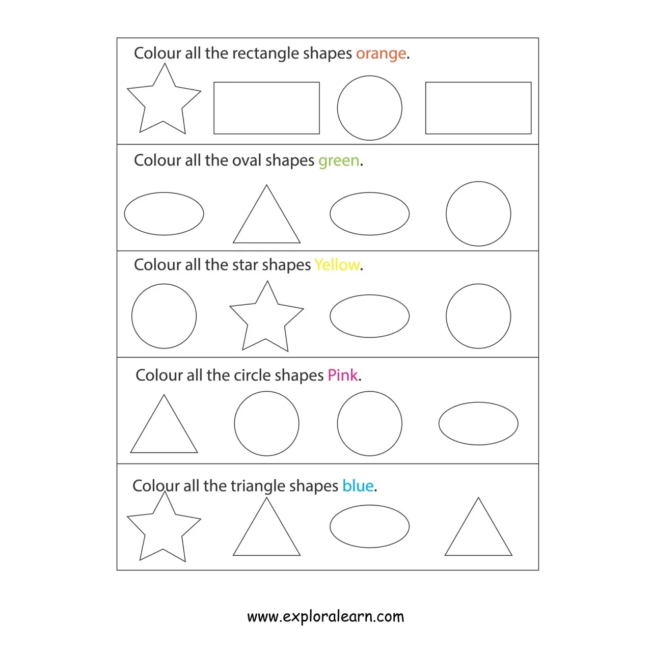 Free Exploralearn Worksheets, Shapes and Colours worksheet