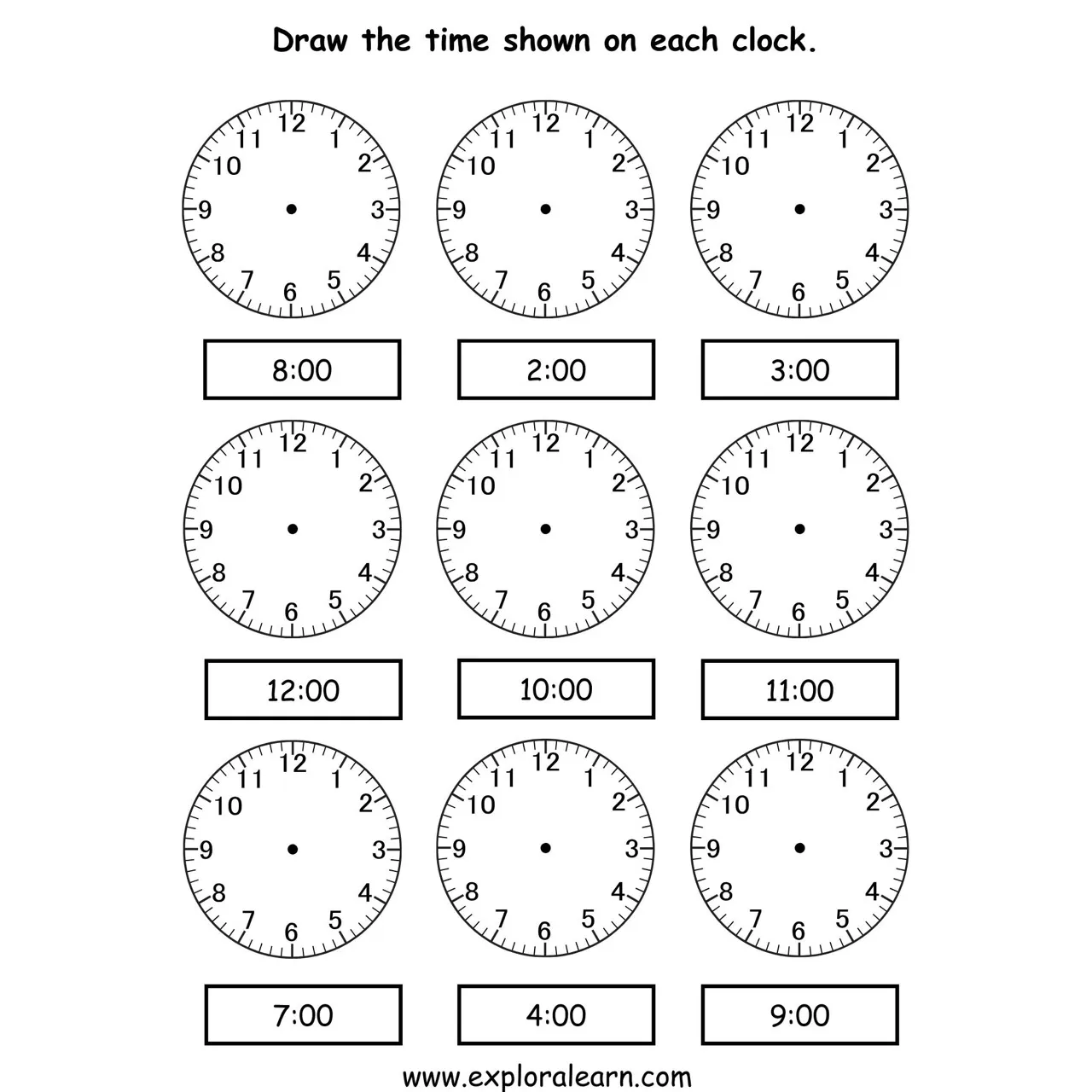 Free Exploralearn Worksheets, Maths Time Worksheets,Telling Time