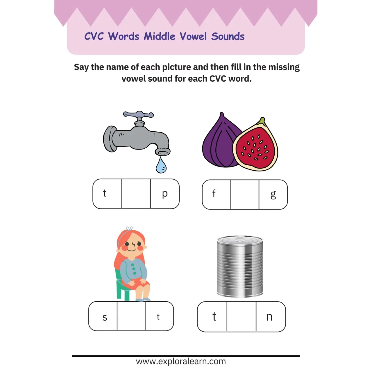 Free Exploralearn Worksheets, CVC Practice Worksheet