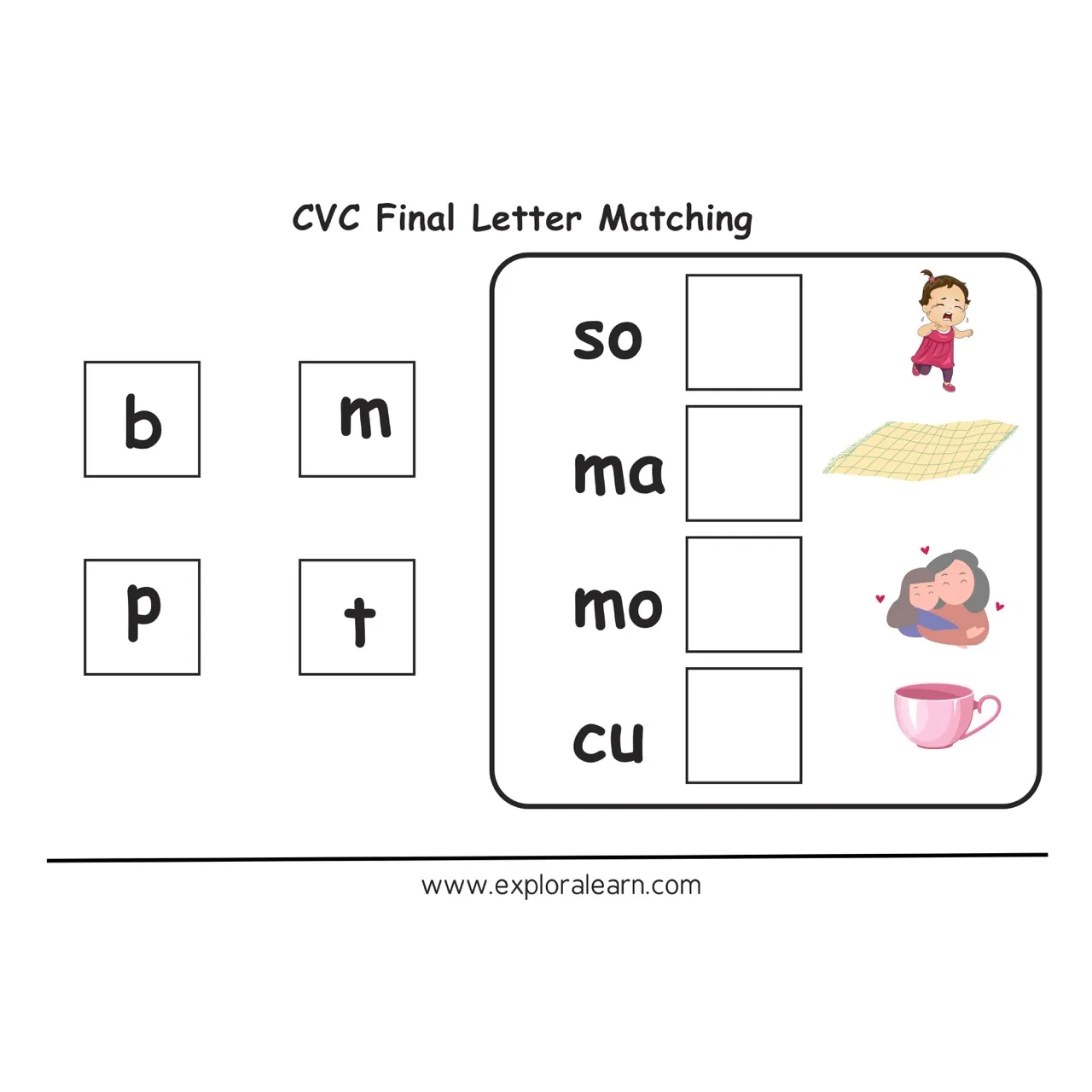 Free Exploralearn Worksheets, CVC Practice Worksheet