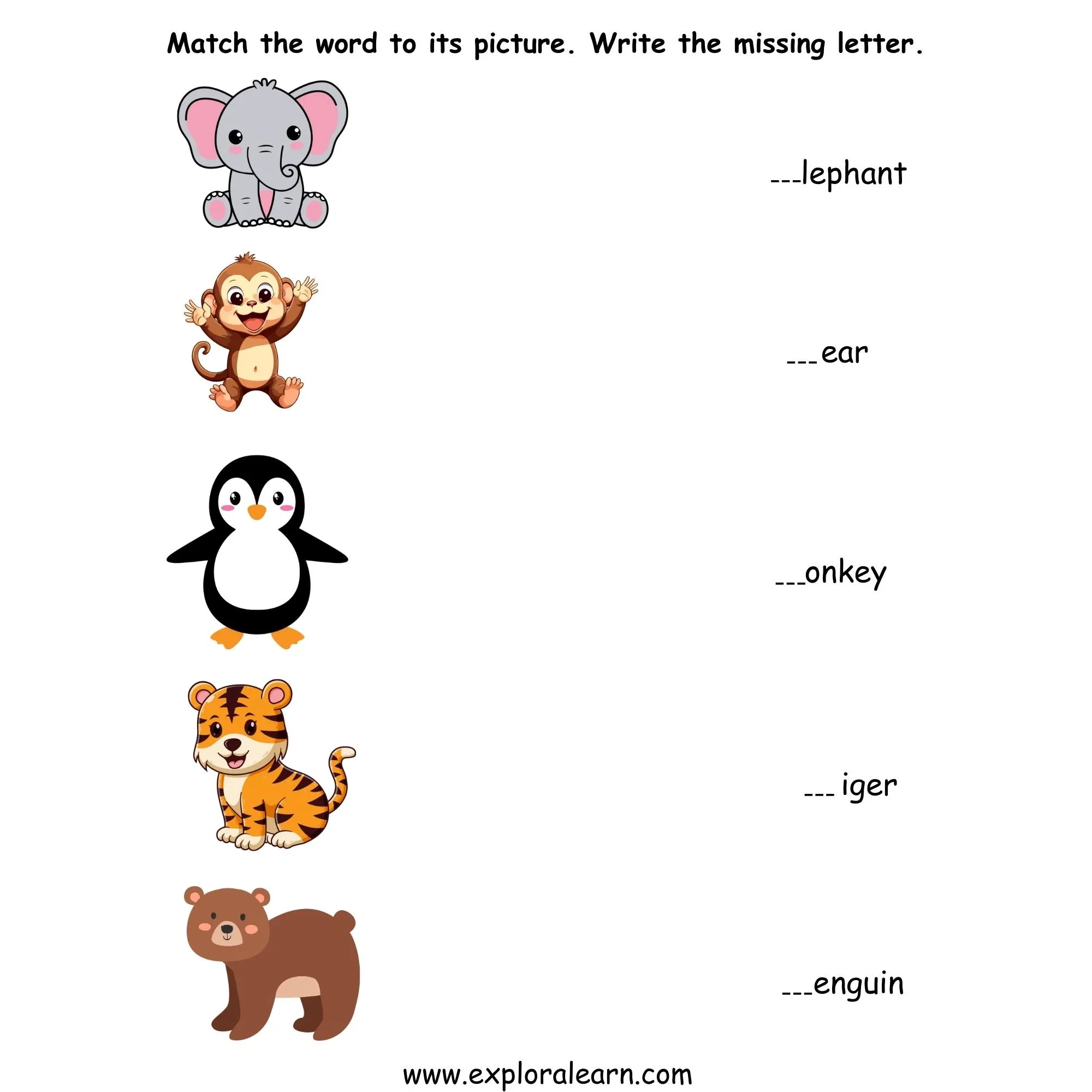 Free Exploralearn Worksheets, Words and Vocabulary,Animal Words