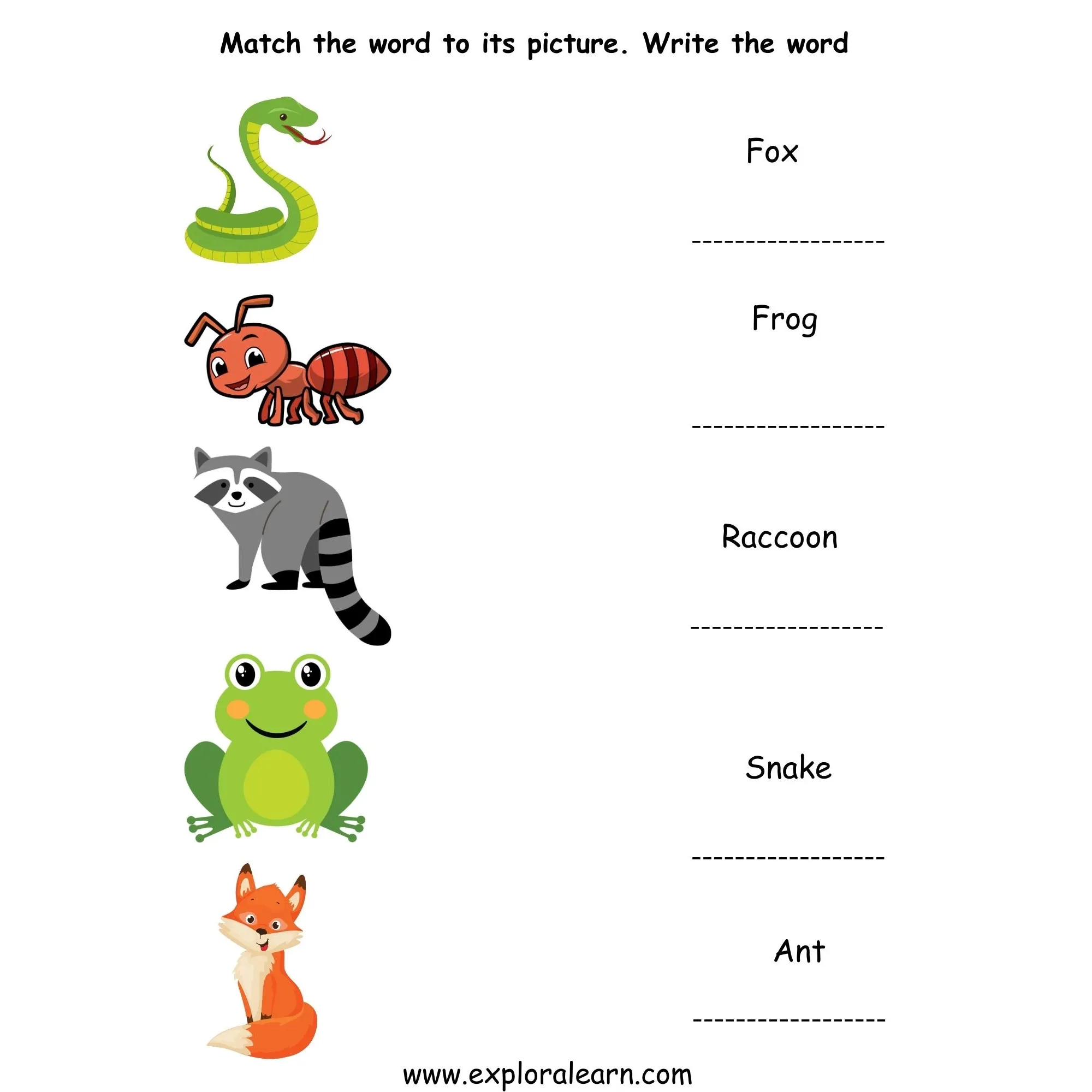 Free Exploralearn Worksheets, Words and Vocabulary,Animal Words