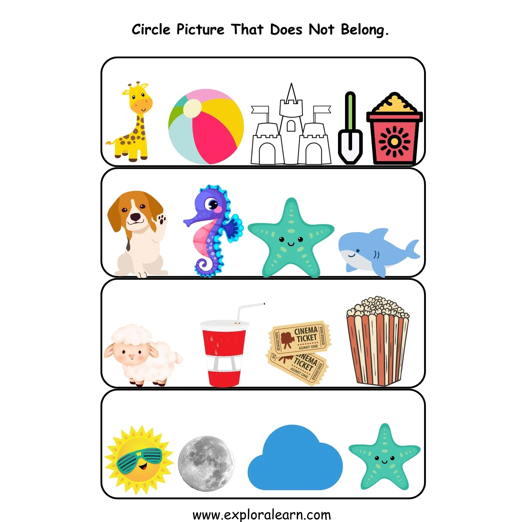 Free Exploralearn Worksheets, Logical Worksheets,Does Not Belong Level 1
