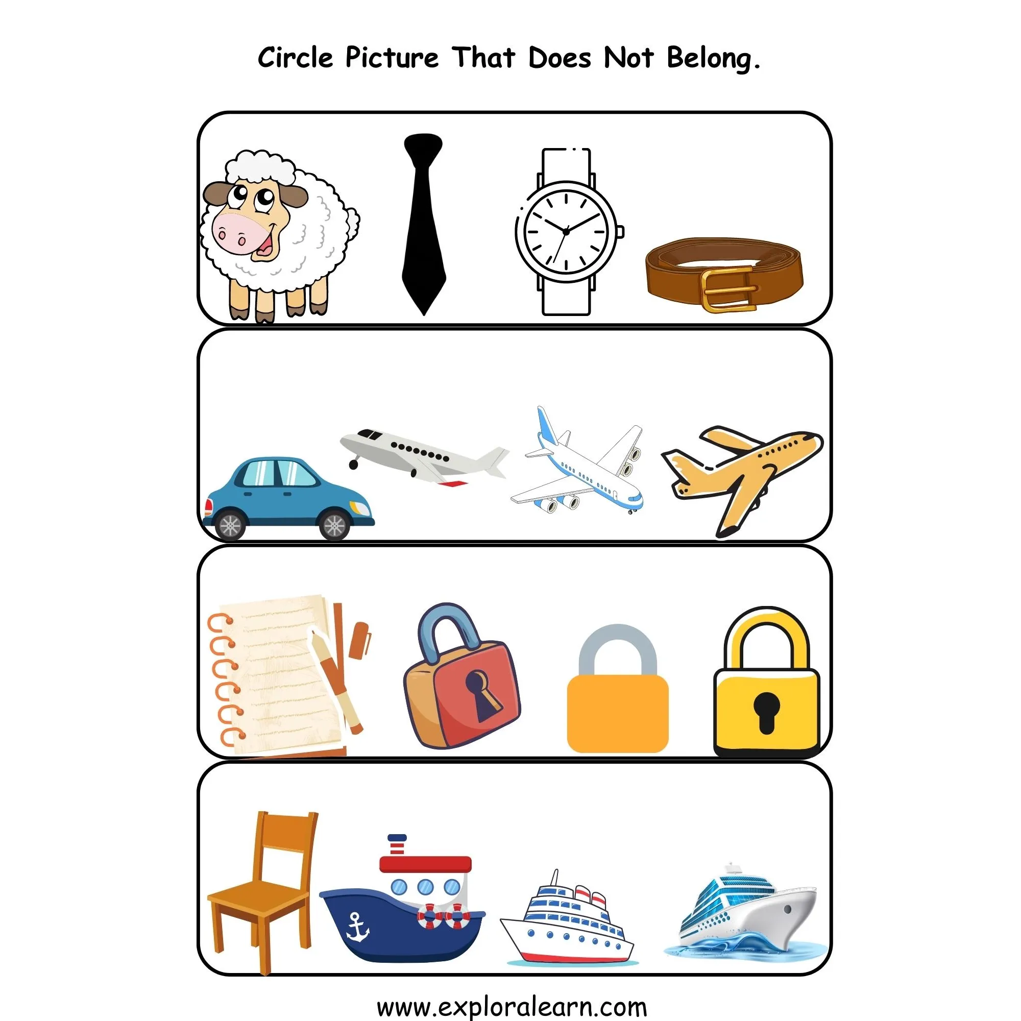 Free Exploralearn Worksheets, Logical Worksheets,Does Not Belong Level 1