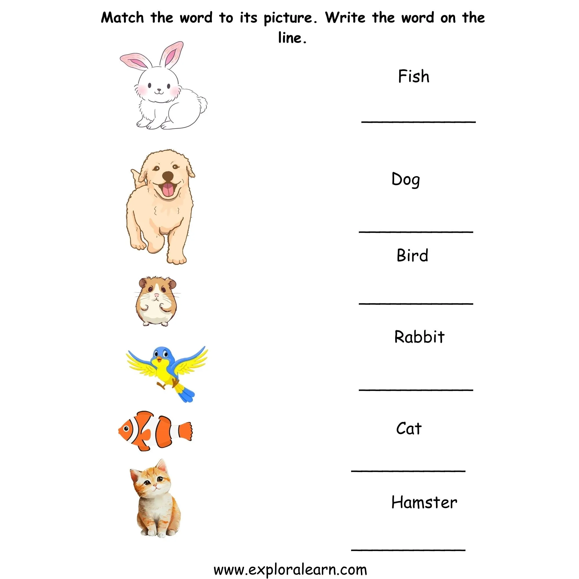 Free Exploralearn Worksheets, Words and Vocabulary,Pet Words