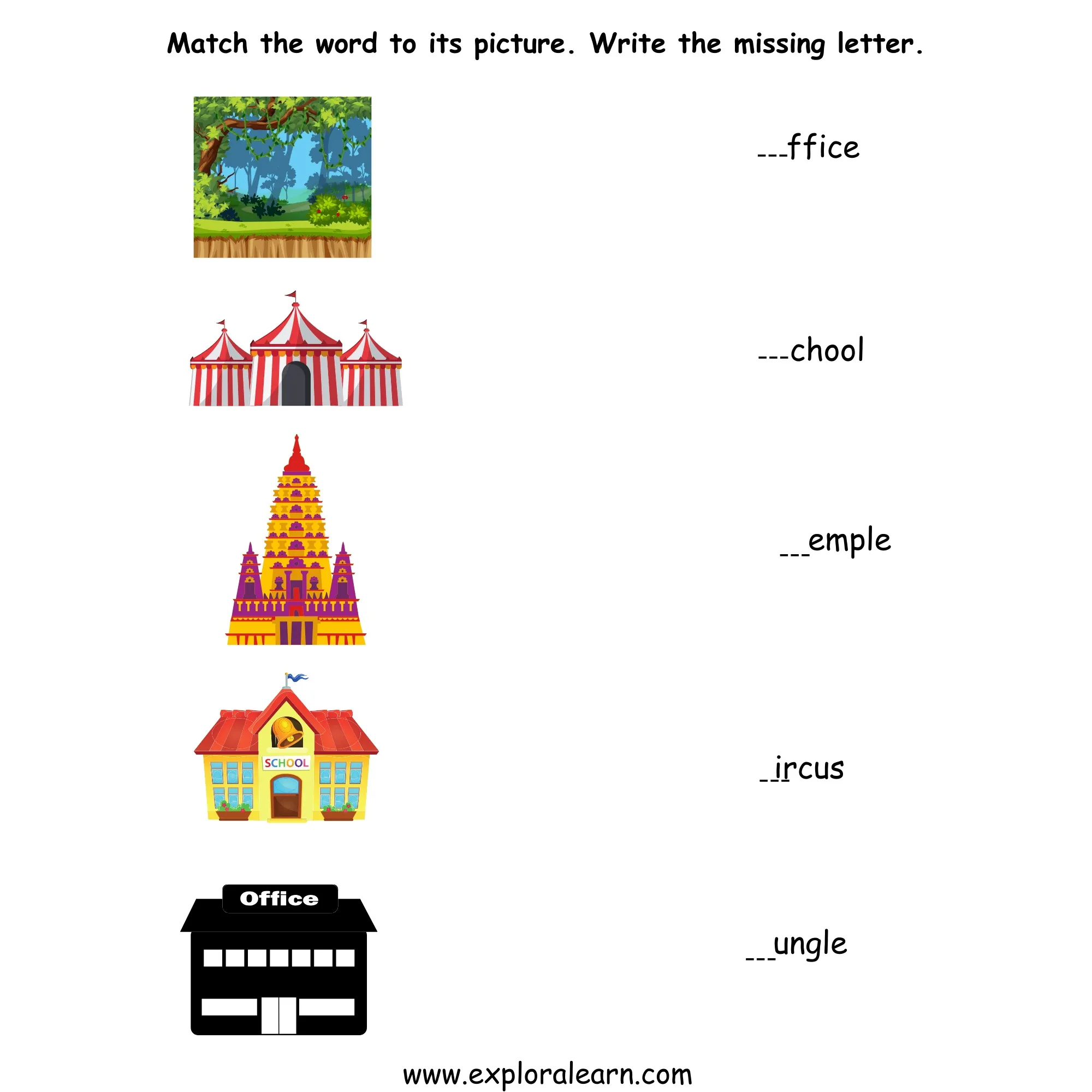 Free Exploralearn Worksheets, Words and Vocabulary,Words for Places