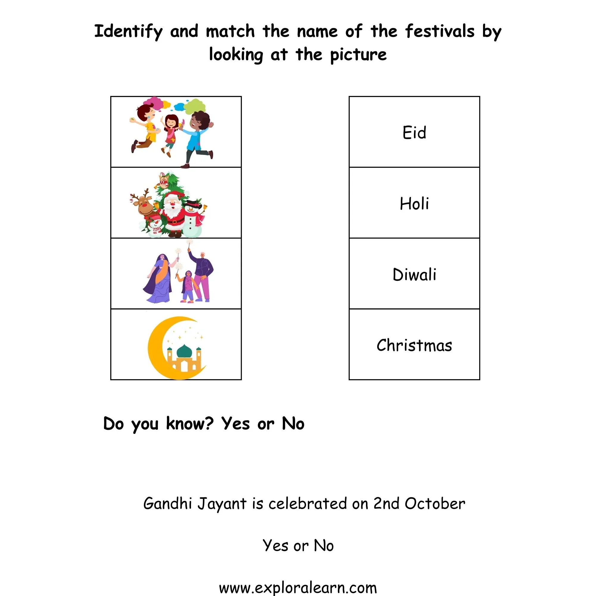 Free Exploralearn Worksheets, Festivals Worksheets,Festivals