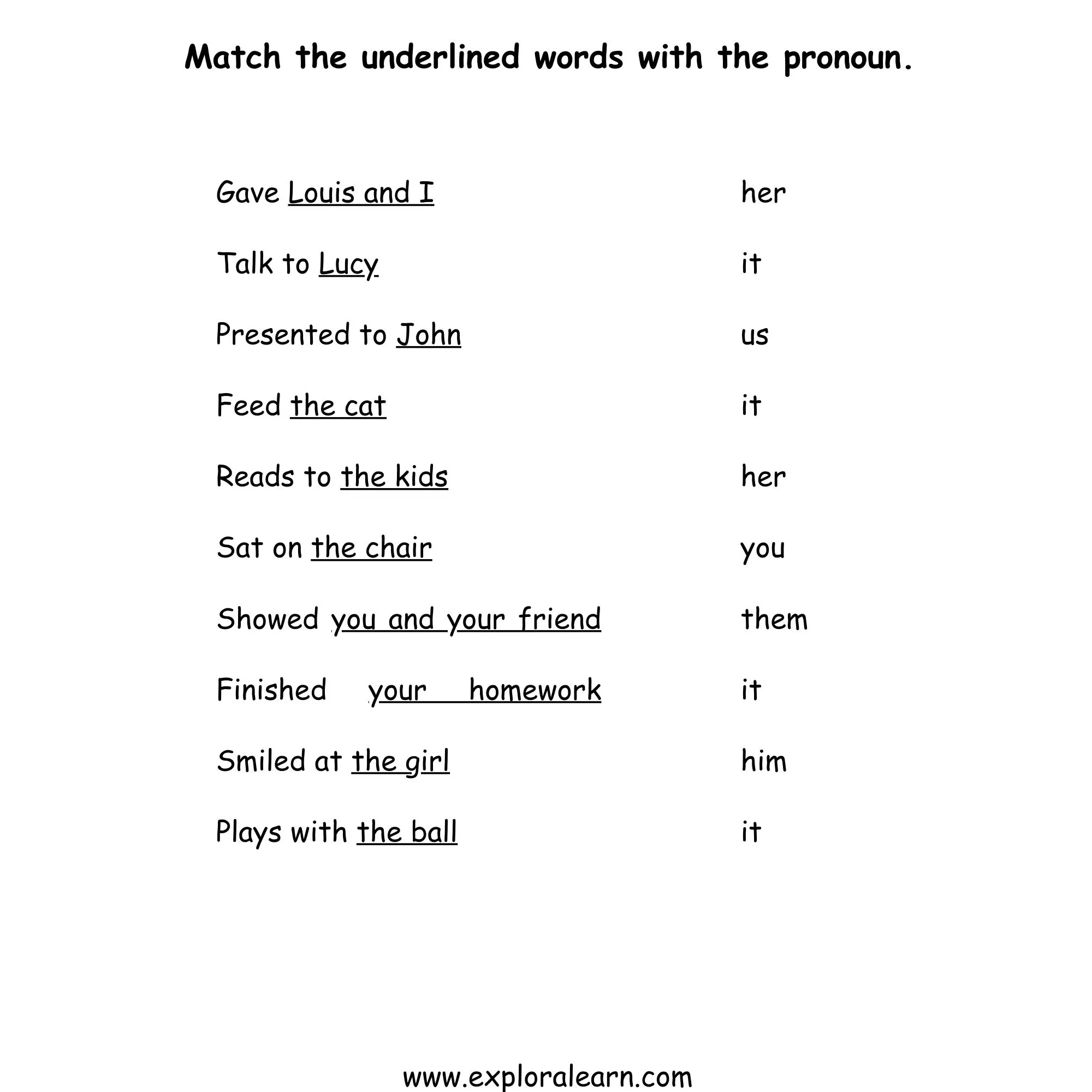 Free Exploralearn Worksheets Class 1 English Grammar Worksheets Identify Pronoun