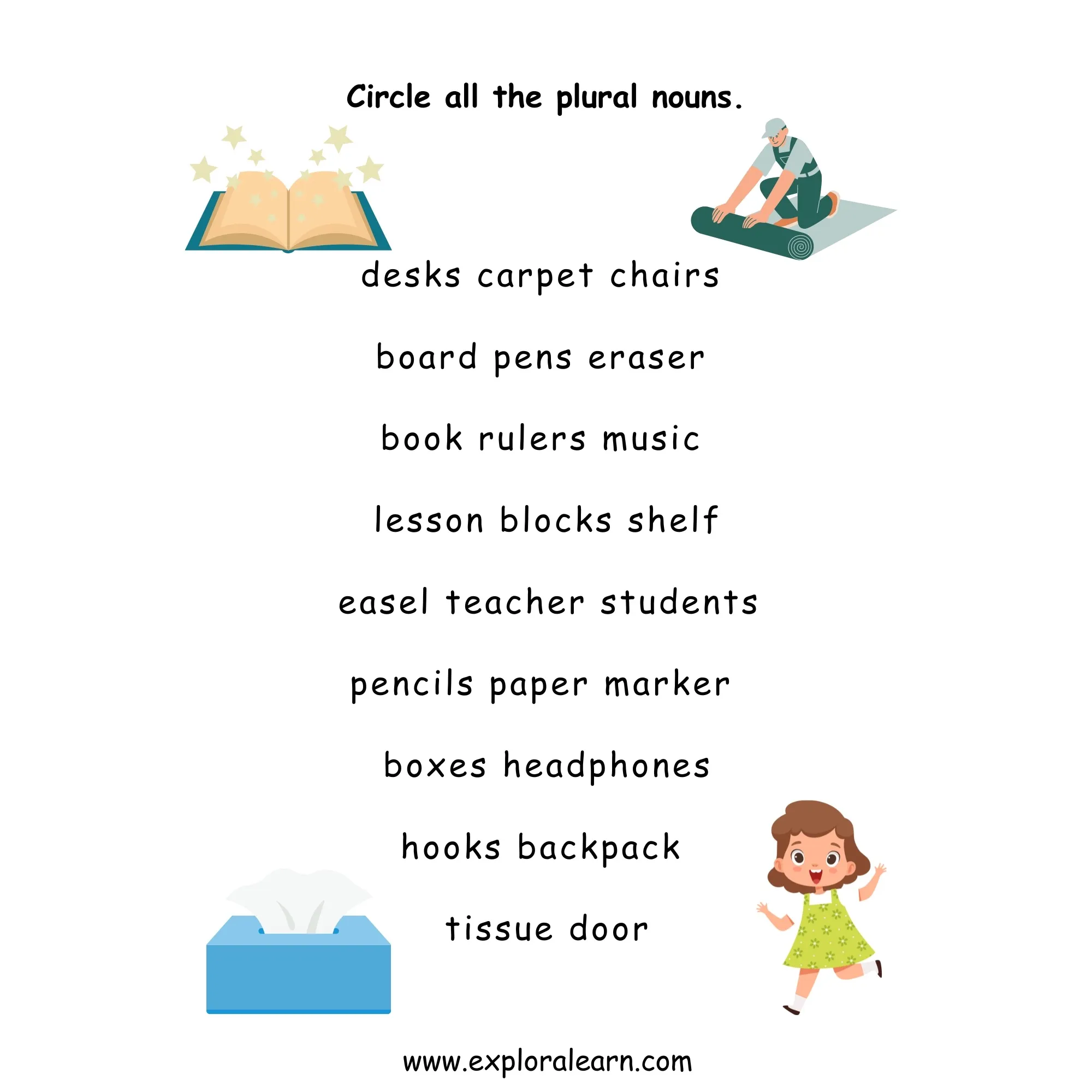 Free Exploralearn Worksheets, Class 1 English Grammar Worksheets,Plural