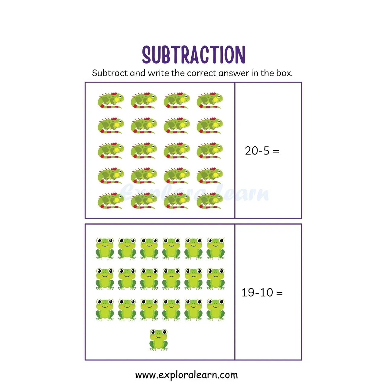 Free Exploralearn Worksheets, Maths Subtraction Worksheets,Picture ...