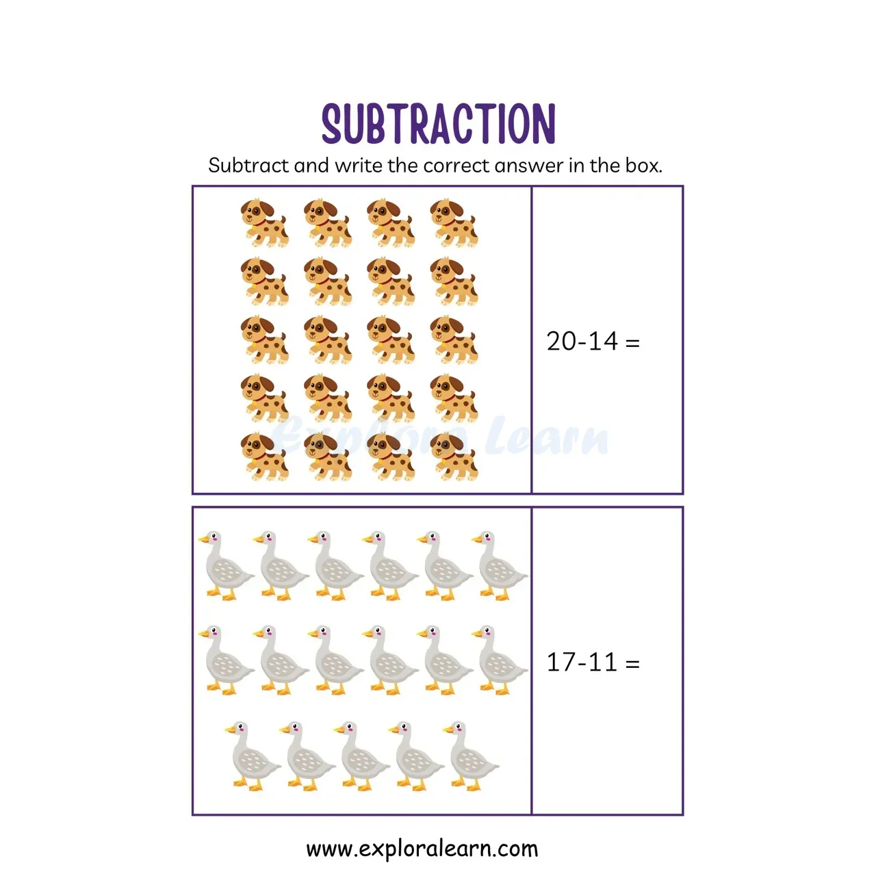 Free Exploralearn Worksheets, Maths Subtraction Worksheets,Picture ...