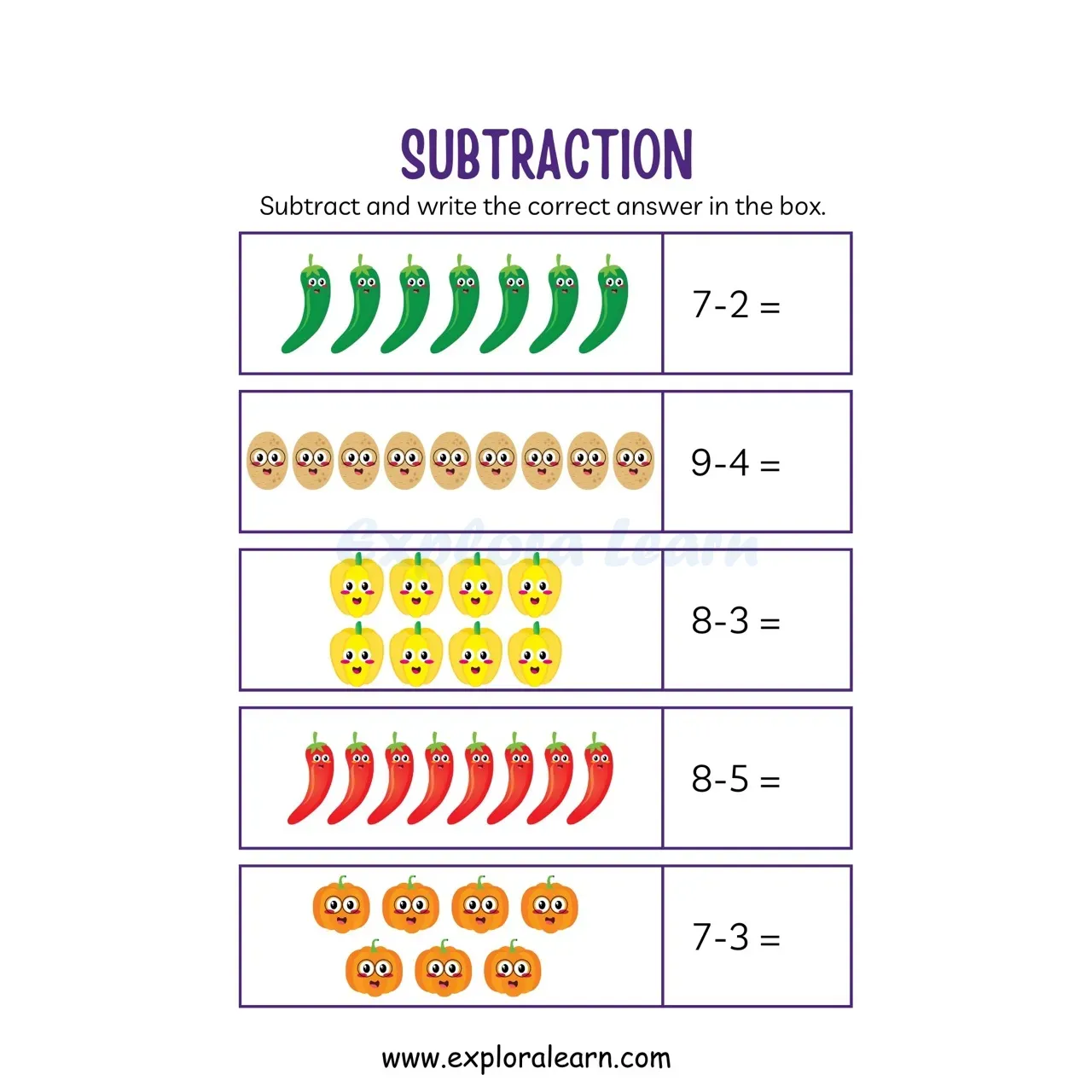 Free Exploralearn Worksheets, Maths Subtraction Worksheets,Picture ...