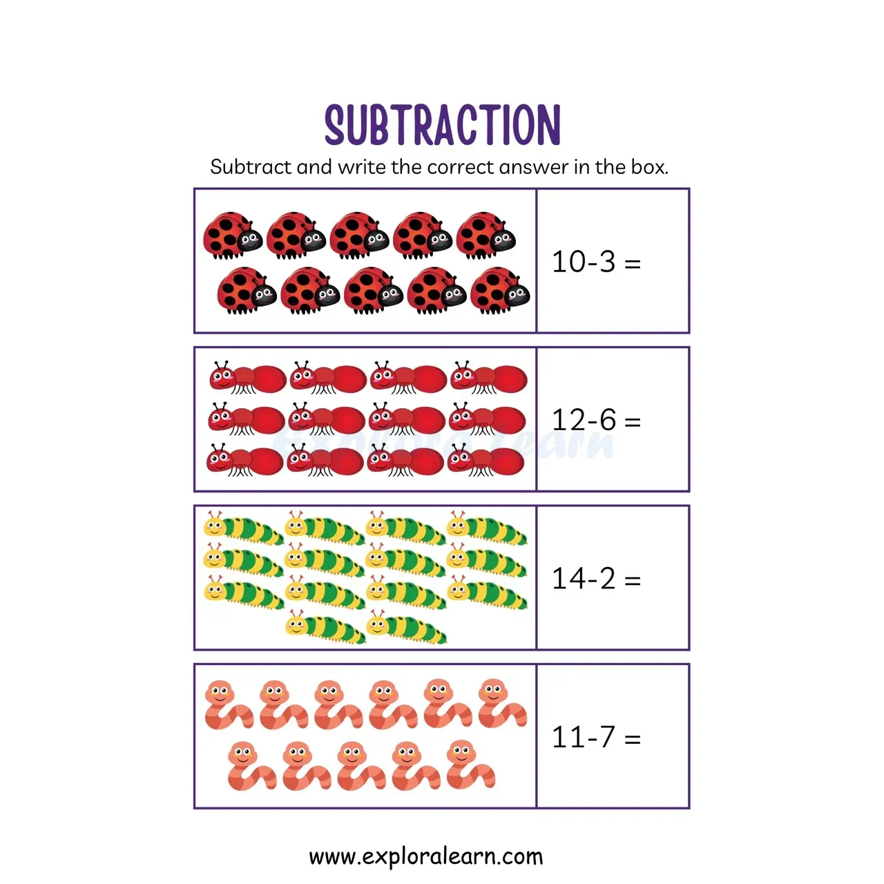 Free Exploralearn Worksheets, Maths Subtraction Worksheets,Picture ...