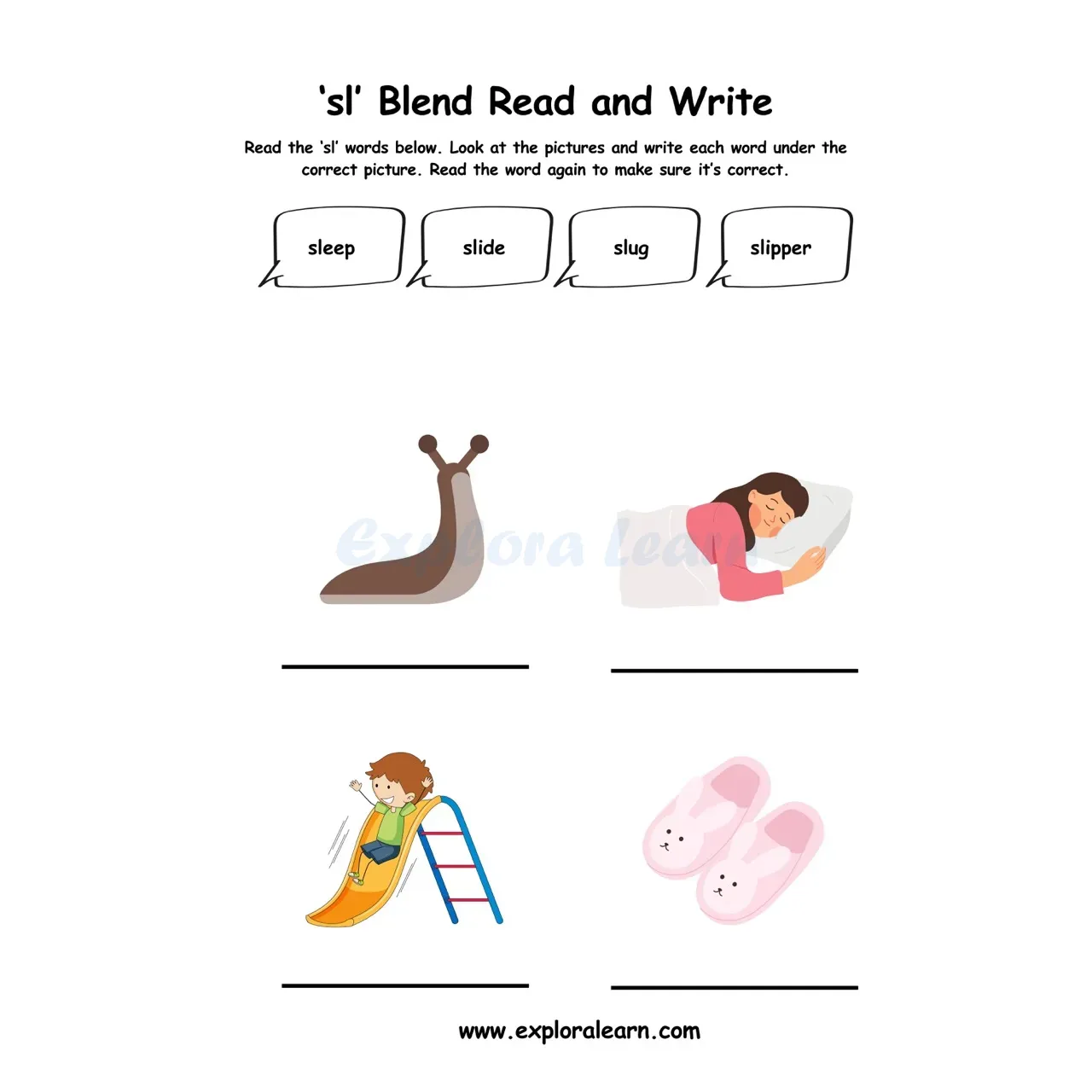 Free Exploralearn Worksheets, Consonant Blends Practice Worksheet