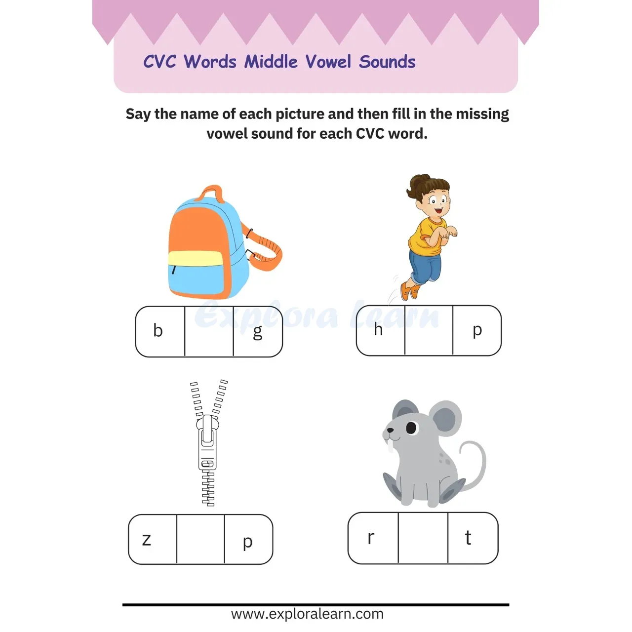 Free Exploralearn Worksheets, CVC Practice Worksheet