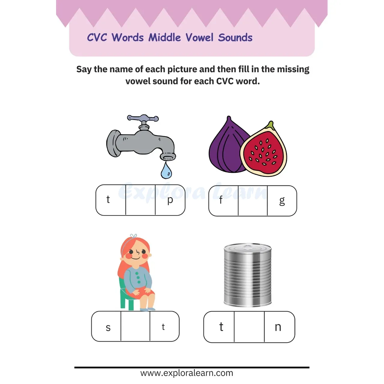 Free Exploralearn Worksheets, CVC Practice Worksheet