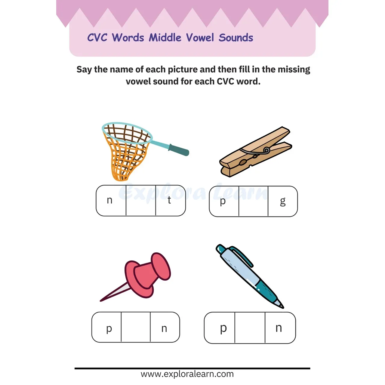 Free Exploralearn Worksheets, CVC Practice Worksheet