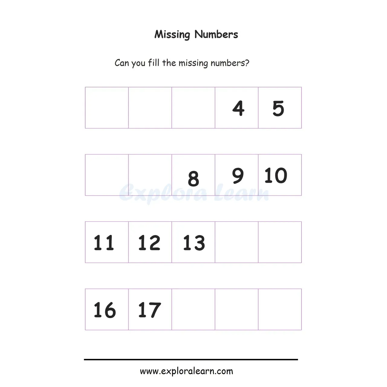 Free Exploralearn Worksheets, Missing Number Sequence Worksheets