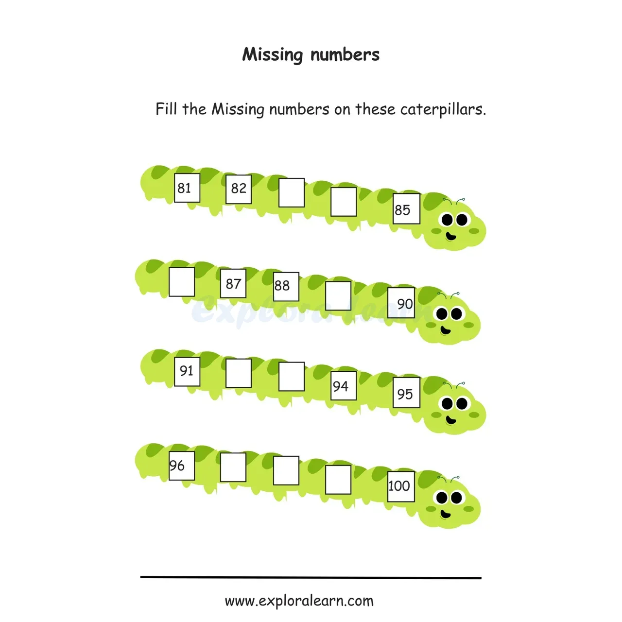 Free Exploralearn Worksheets, Missing Number Sequence Worksheets