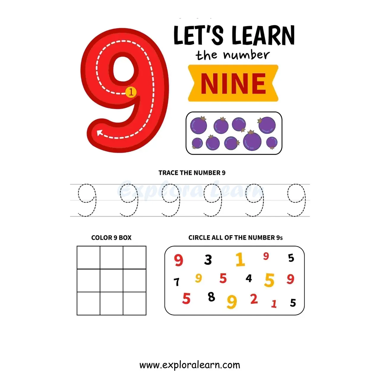 Free Exploralearn Worksheets, Number Writing Practice worksheet 9