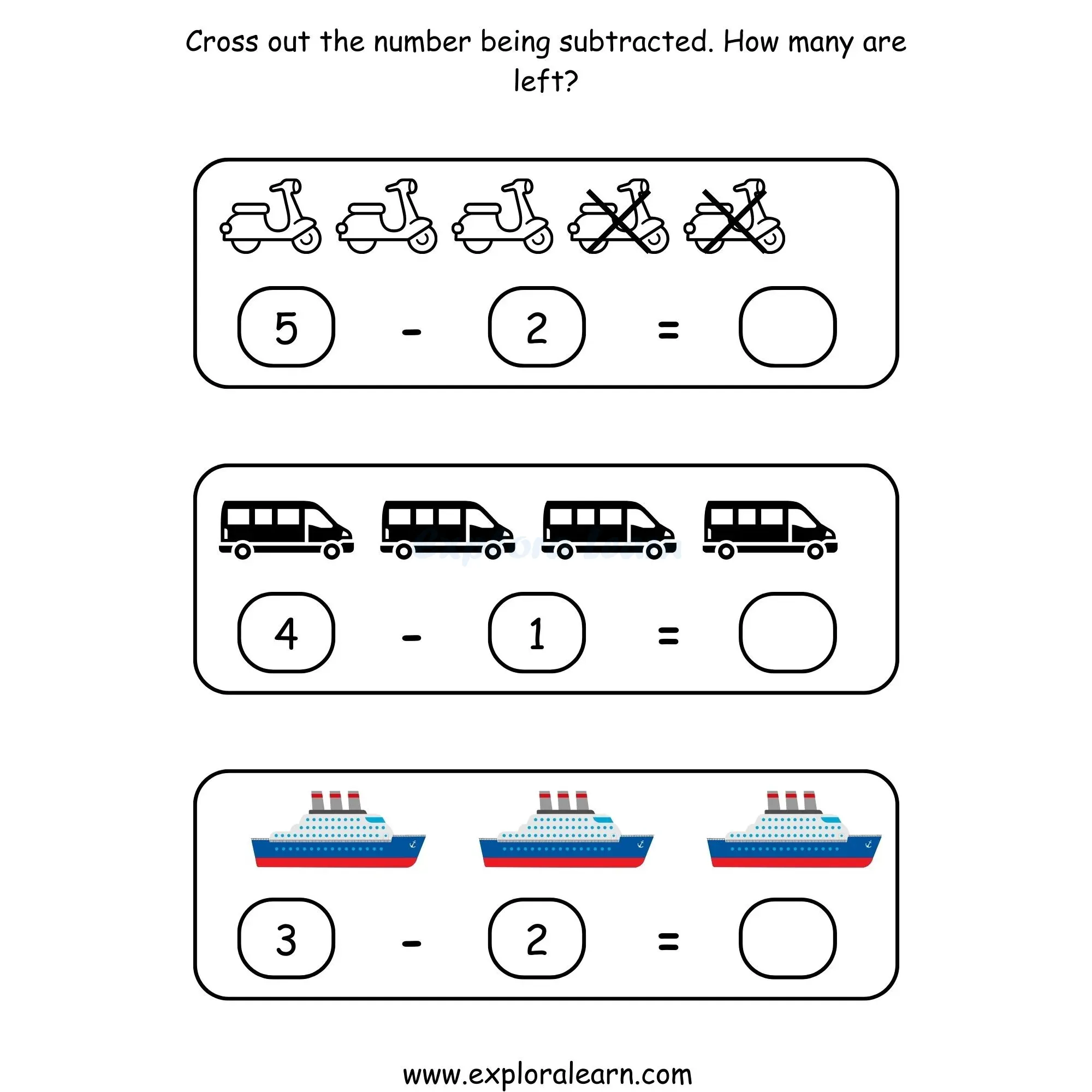 Free Exploralearn Worksheets, Maths Subtraction Worksheets,Cross Out