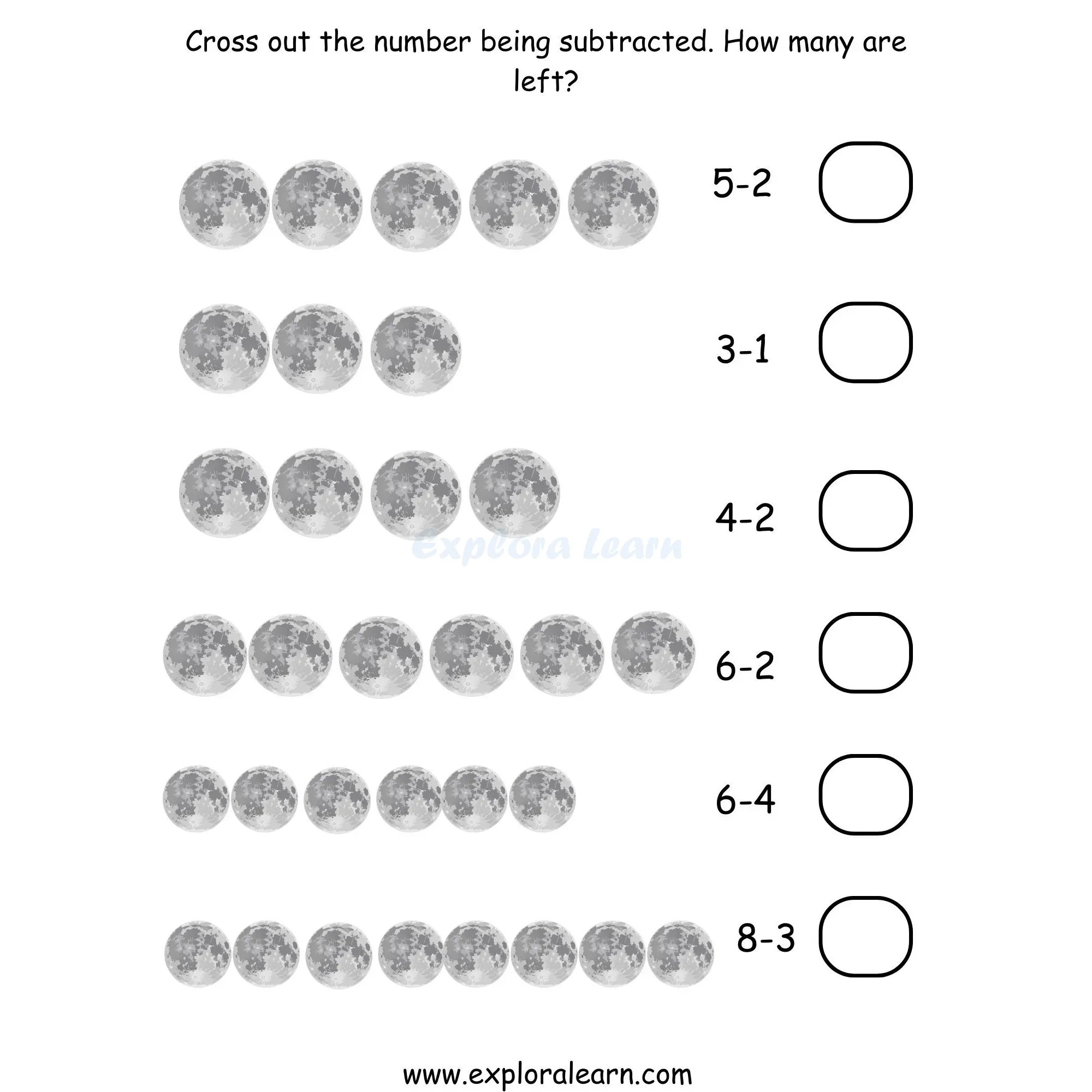 Free Exploralearn Worksheets, Maths Subtraction Worksheets,Cross Out