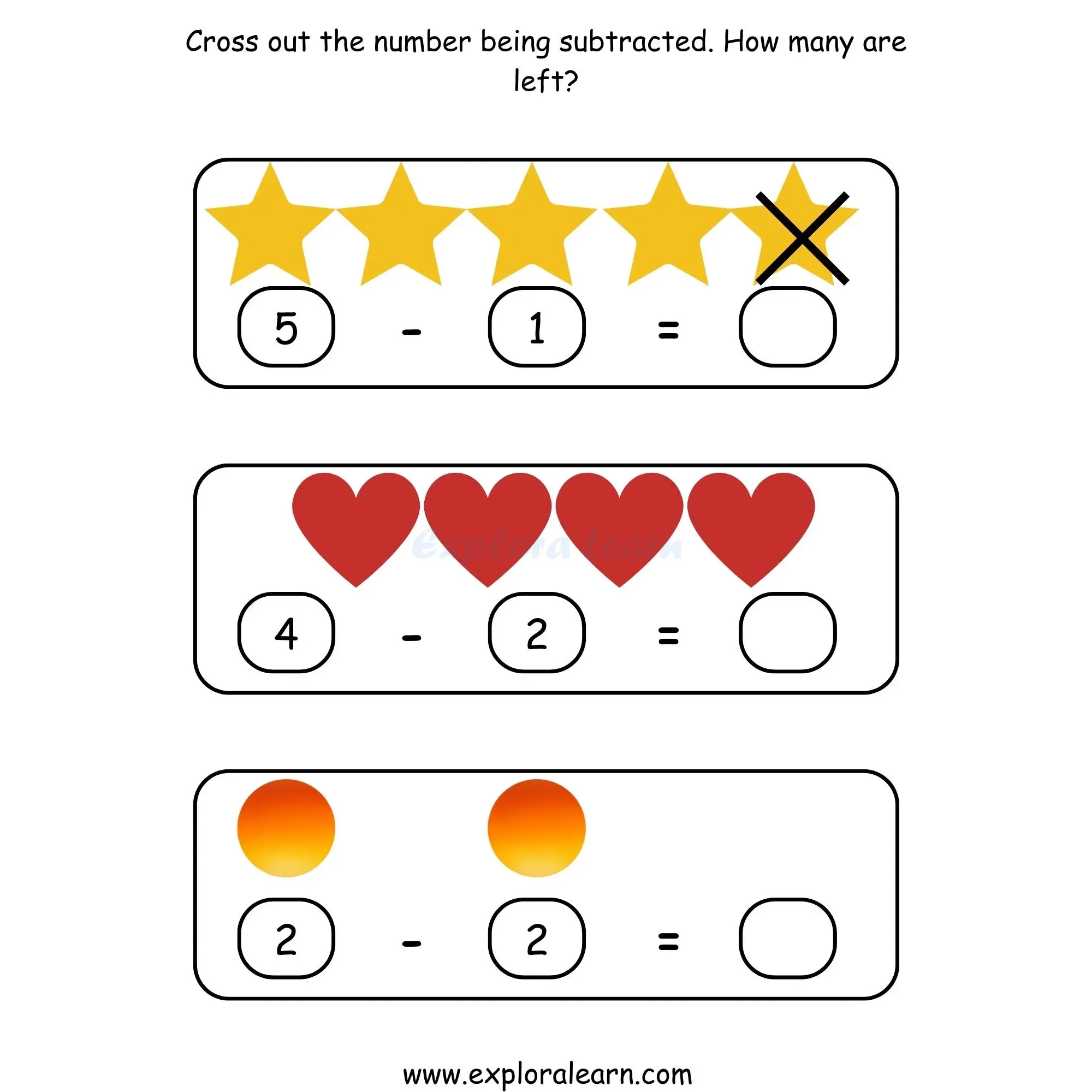 Free Exploralearn Worksheets, Maths Subtraction Worksheets,Cross Out