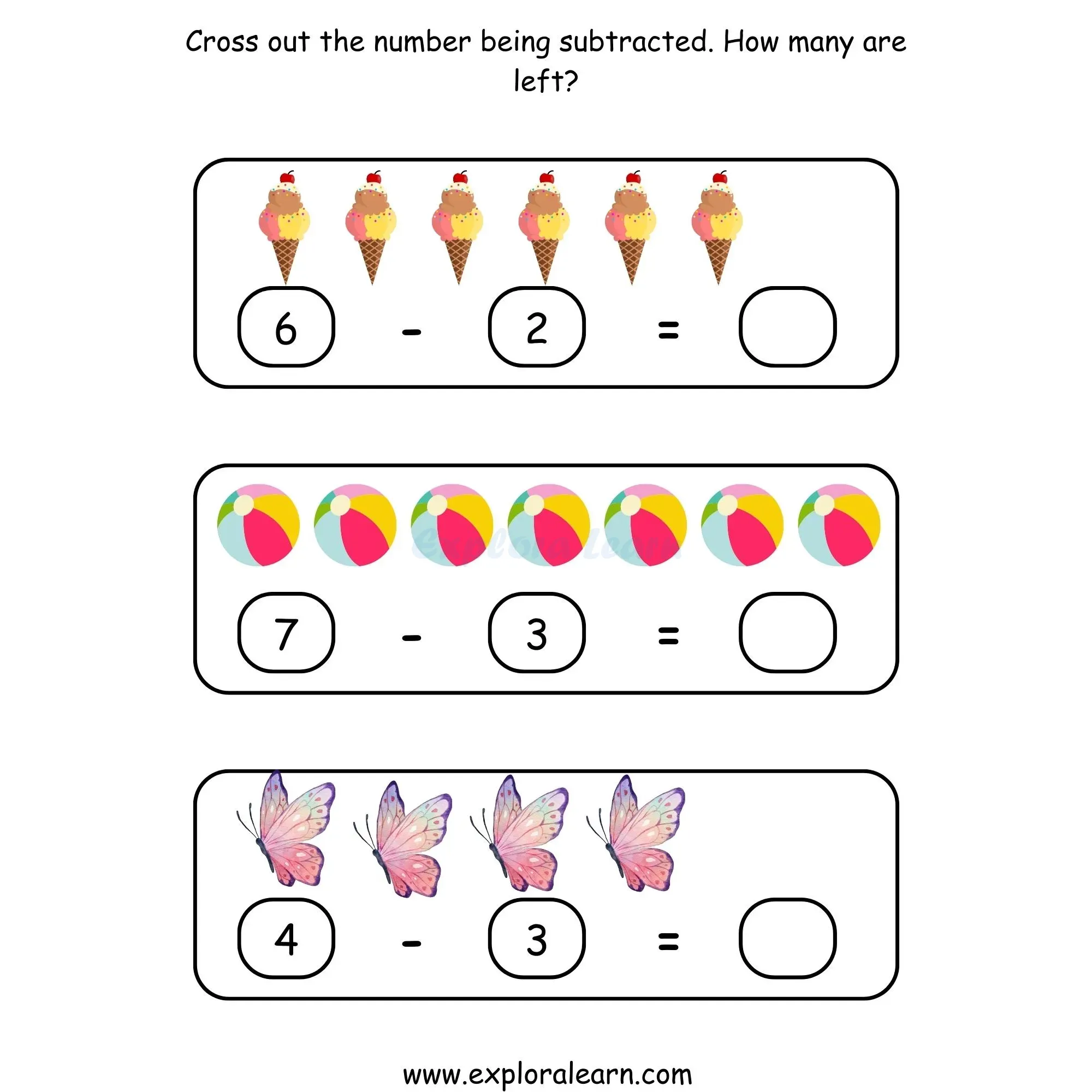 Free Exploralearn Worksheets, Maths Subtraction Worksheets,Cross Out