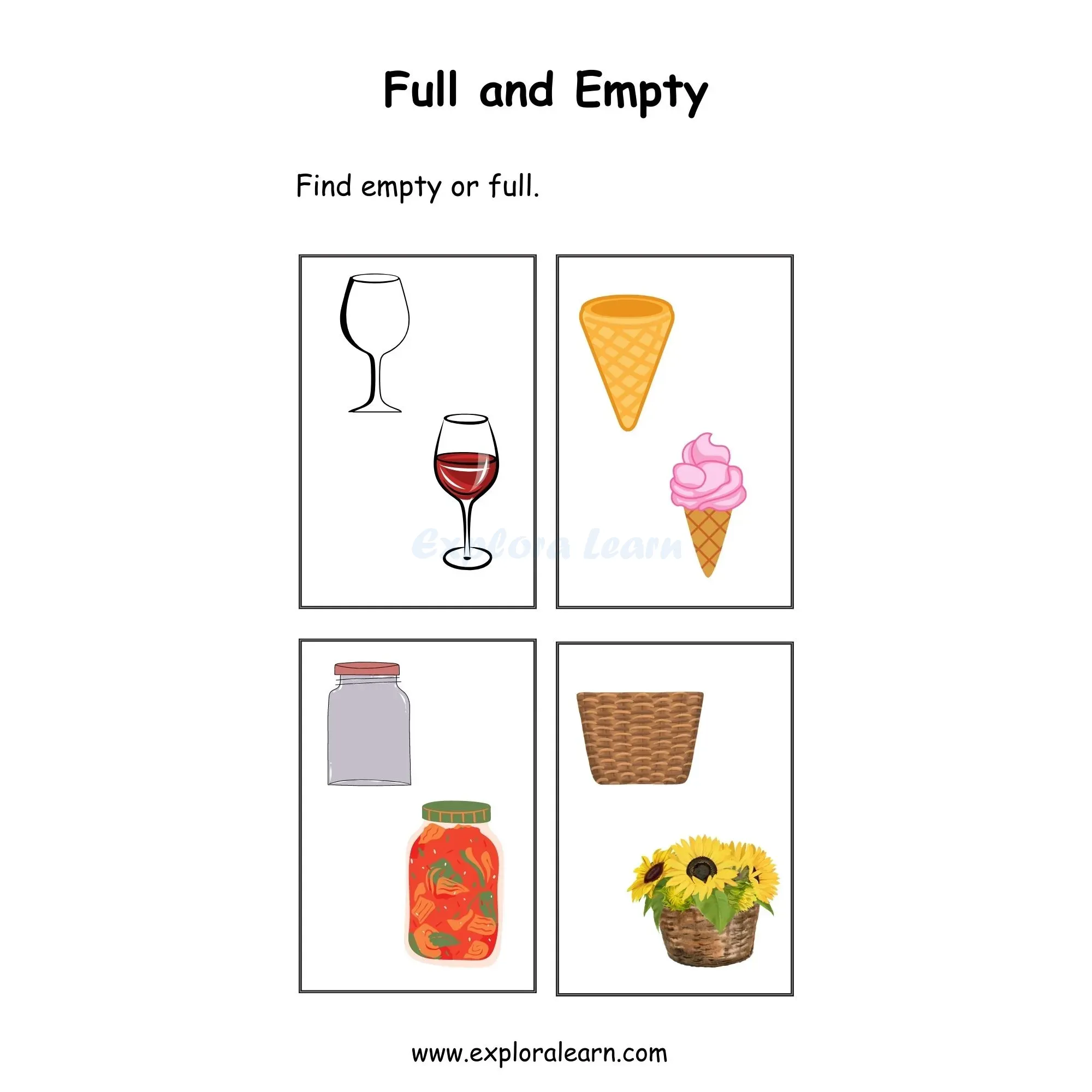 Free Exploralearn Worksheets, Comparisons Worksheets,Full and Empty