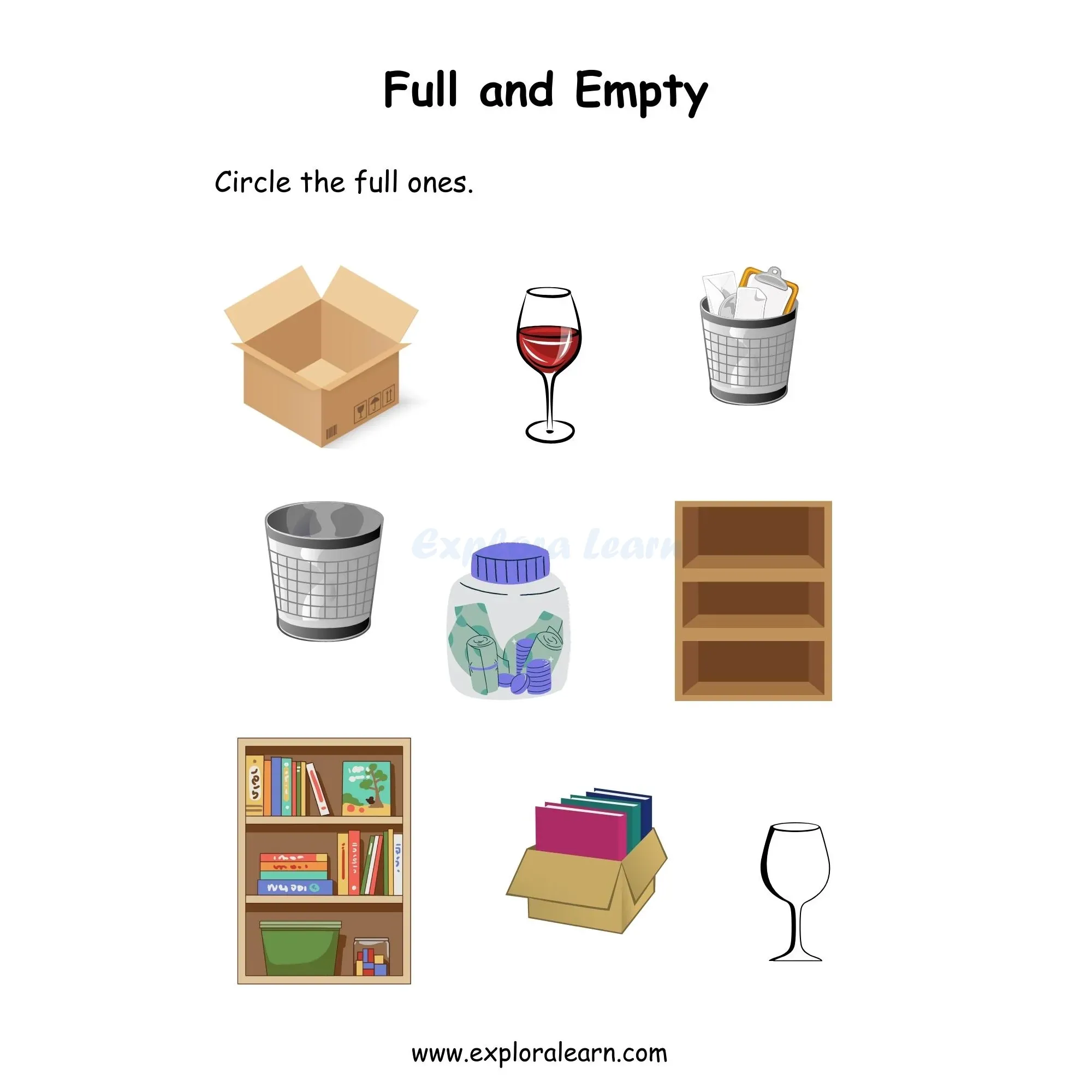 Free Exploralearn Worksheets, Comparisons Worksheets,Full and Empty