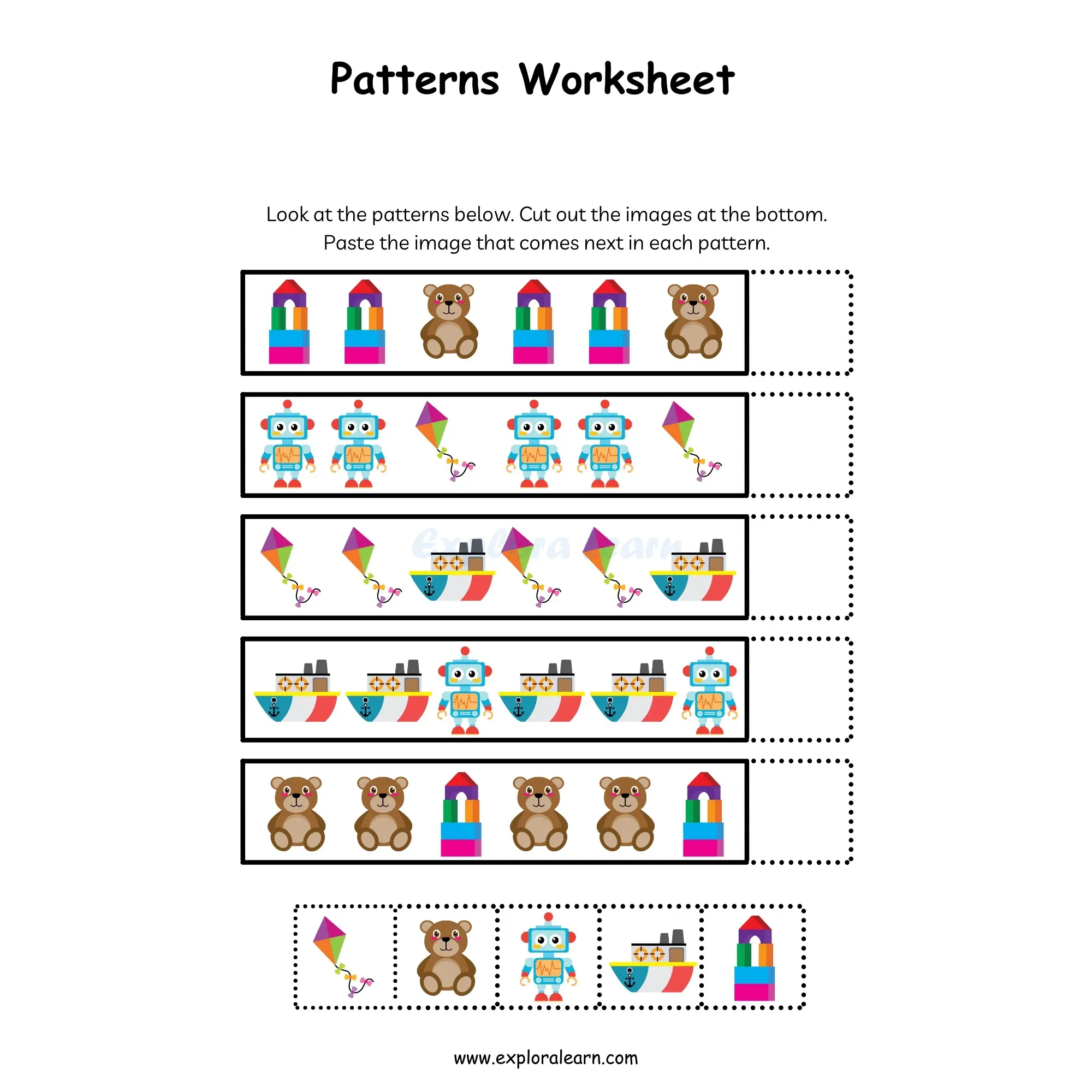Free Exploralearn Worksheets, Logical Worksheets,Patterns Level 1