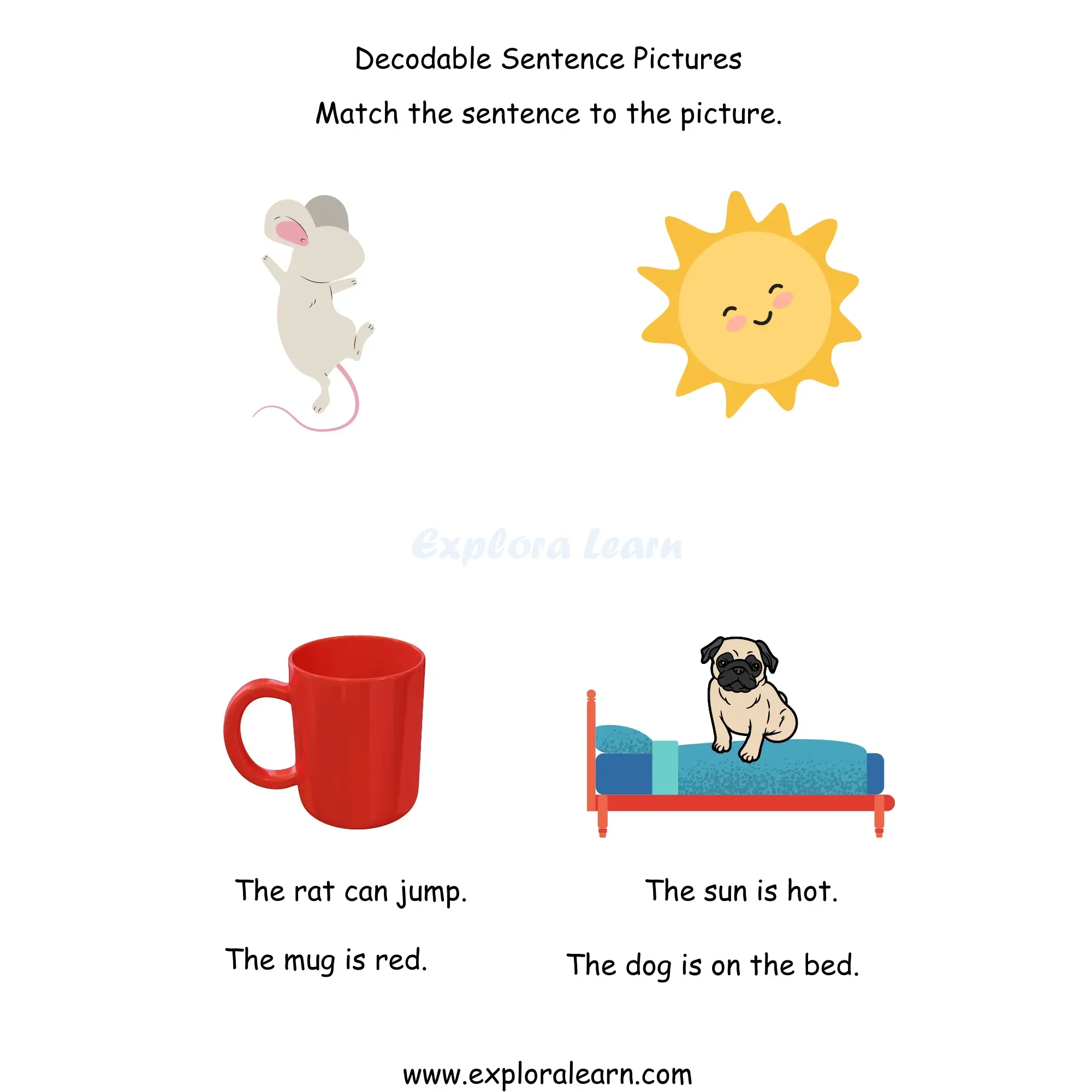 Free Exploralearn Worksheets, Reading Workheets,Sentence with Picture