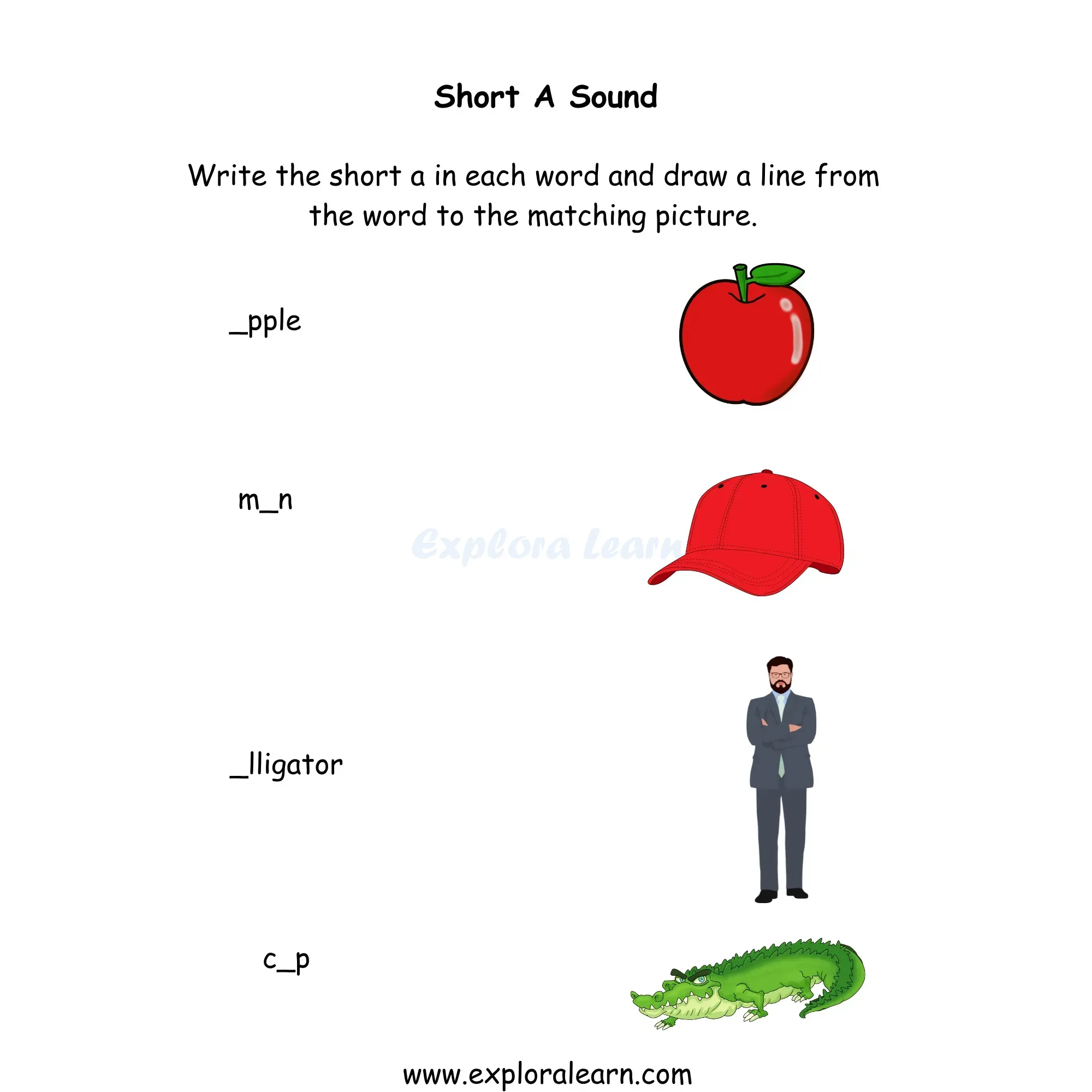 Free Exploralearn Worksheets, Short Vowel Practice Worksheet