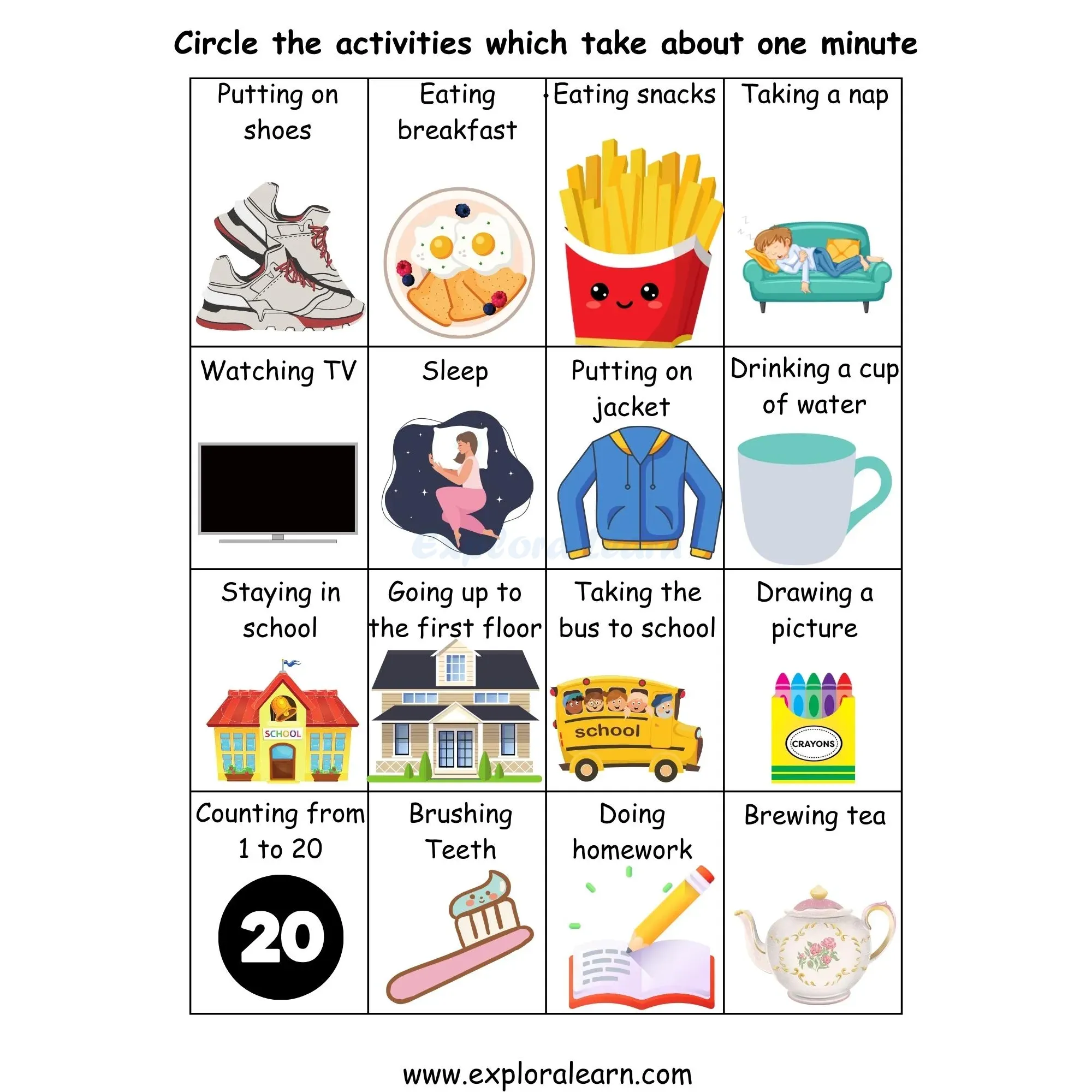 Free Exploralearn Worksheets, Maths Time Worksheets,Concept of Time