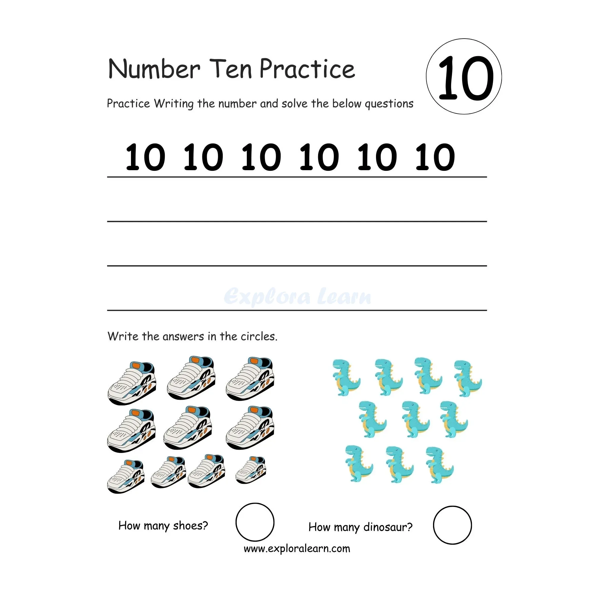 Free Exploralearn Worksheets, Number Writing Practice worksheet 10
