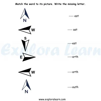 Free Exploralearn Worksheets, Words and Vocabulary,Direction words