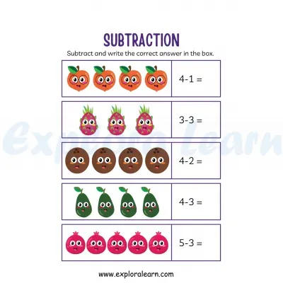 Free Exploralearn Worksheets, Maths Subtraction Worksheets,Picture ...