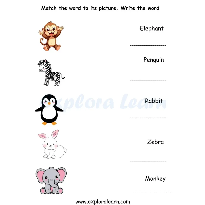 Free Exploralearn Worksheets, Words and Vocabulary,Animal Words