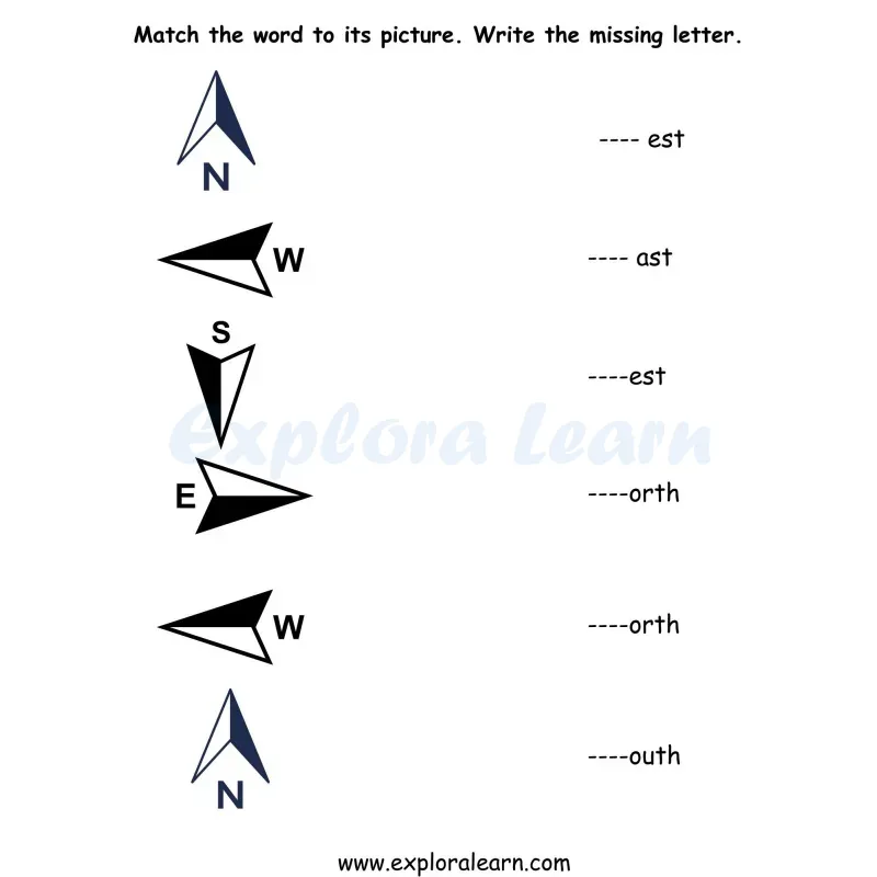 Free Exploralearn Worksheets, Words and Vocabulary,Direction words