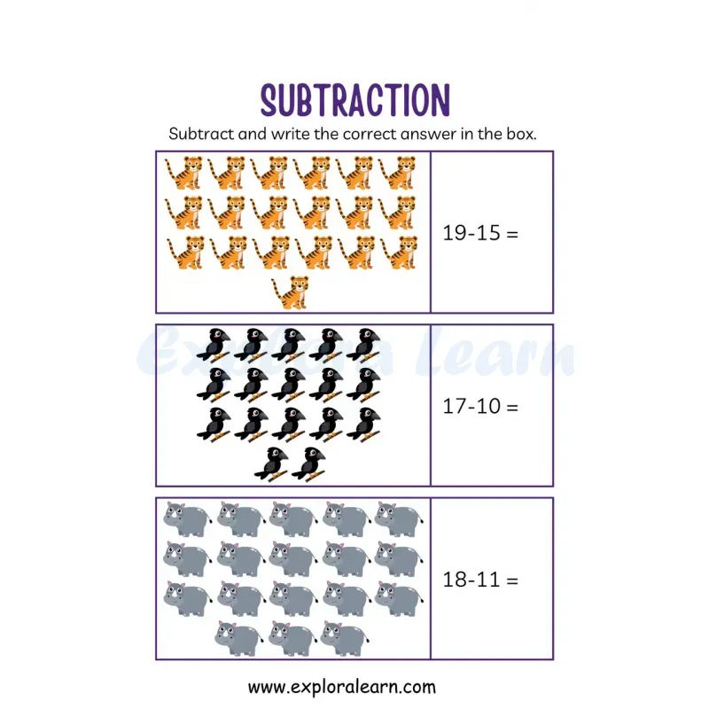 Free Exploralearn Worksheets, Maths Subtraction Worksheets,Picture ...