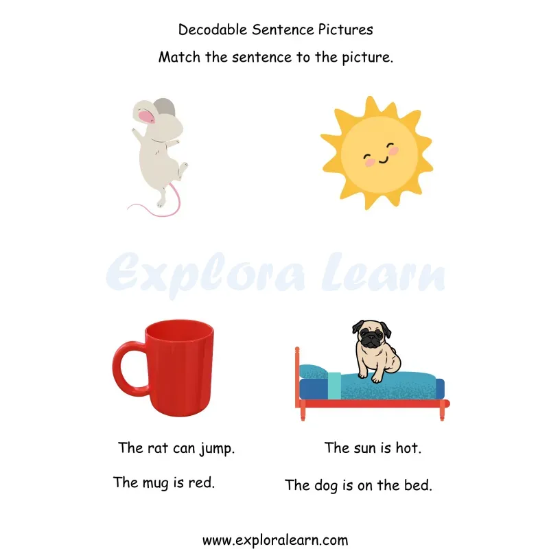 Free Exploralearn Worksheets, Reading Workheets,Sentence with Picture