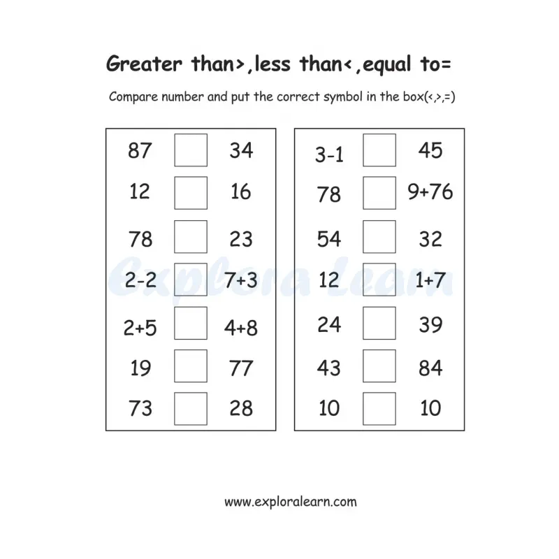 Free Exploralearn Worksheets, Number Comparison Worksheets
