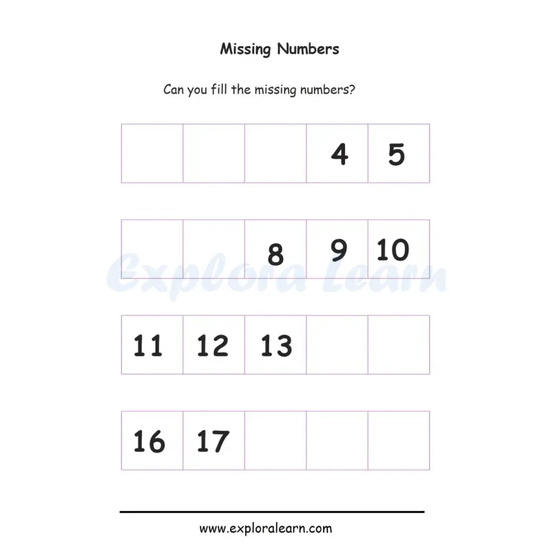 Free Exploralearn Worksheets, Missing Number Sequence Worksheets