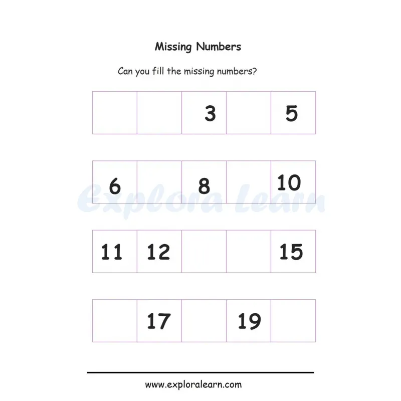 Free Exploralearn Worksheets, Missing Number Sequence Worksheets